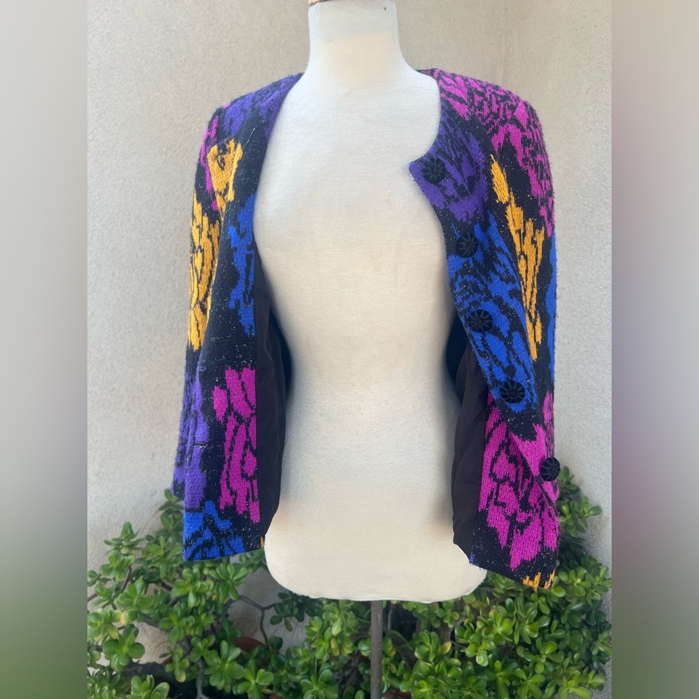 Vintage 80s knit New Wave cardigan sweater lined neon colors Sz M - Picture 8 of 12